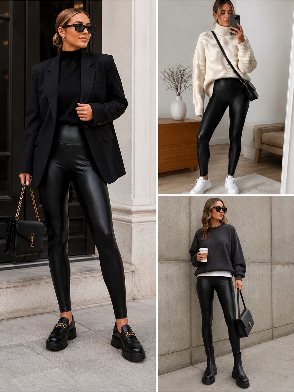 SPANX Faux Leather Tummy Control Leggings | Size Large | Regular Length